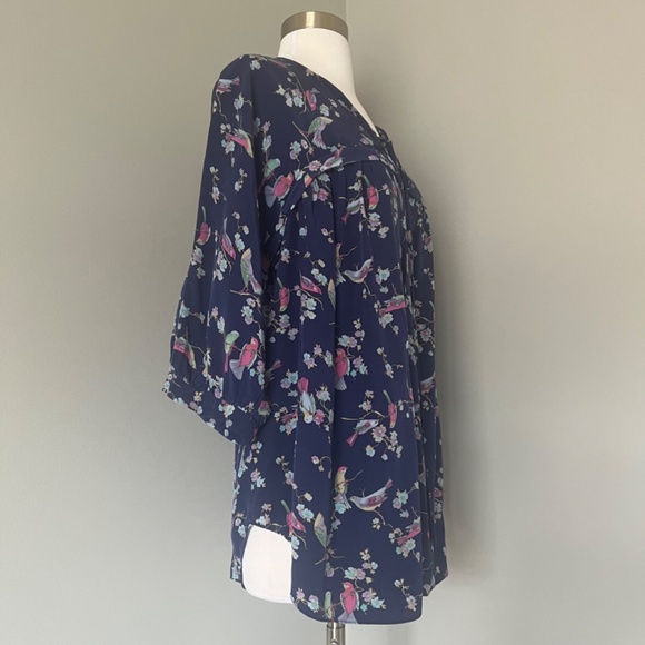 Rebecca Taylor Silk Birds Floral Canary Relaxed Tassels Top Blouse Tunic 6 M - Picture 3 of 11